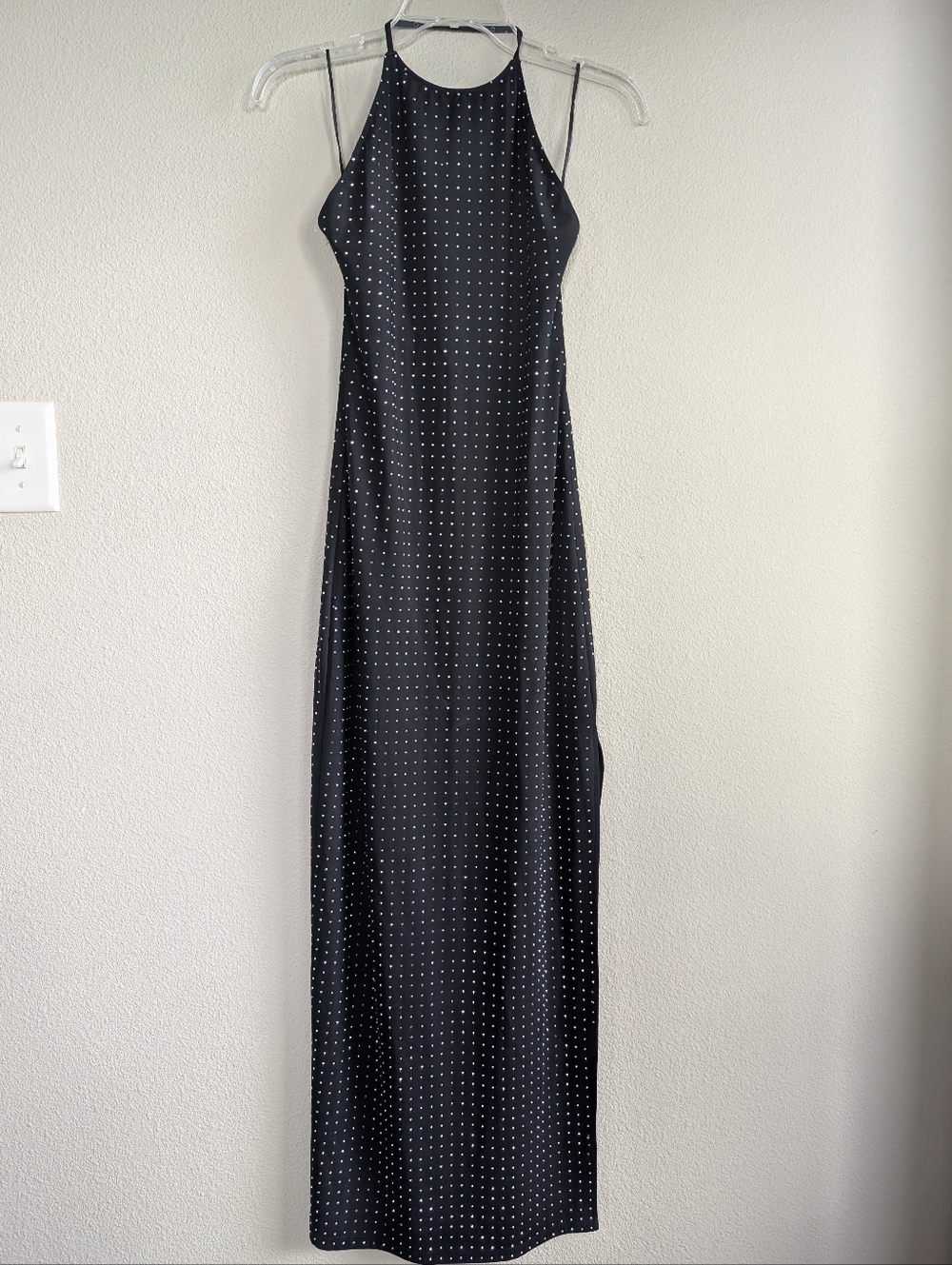 Zara Size Large Black Polka Dot Halter Maxi Dress Shimmery Bodycon Slits